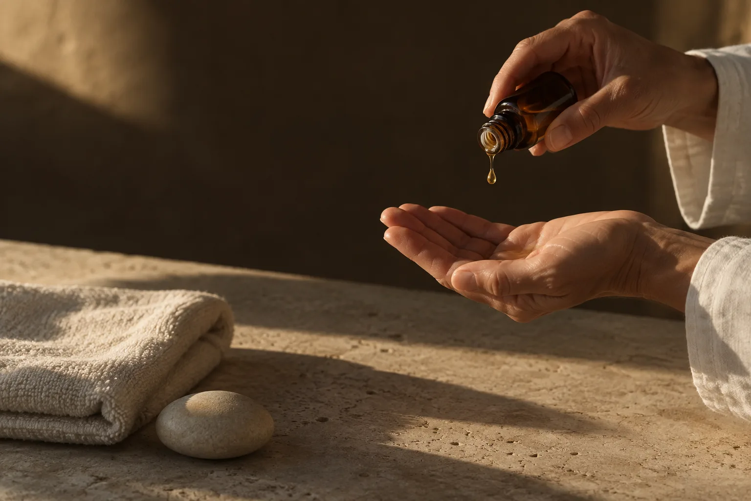 Golden massage oil, linen, and the care of practiced hands
