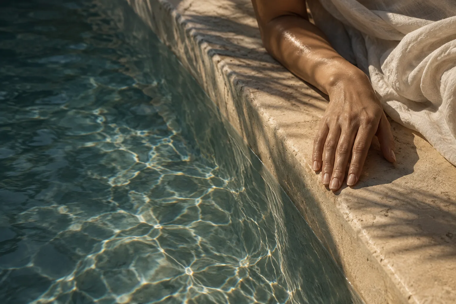 Sunlight on a softly polished manicure beside blue water — Soleil campaign artwork